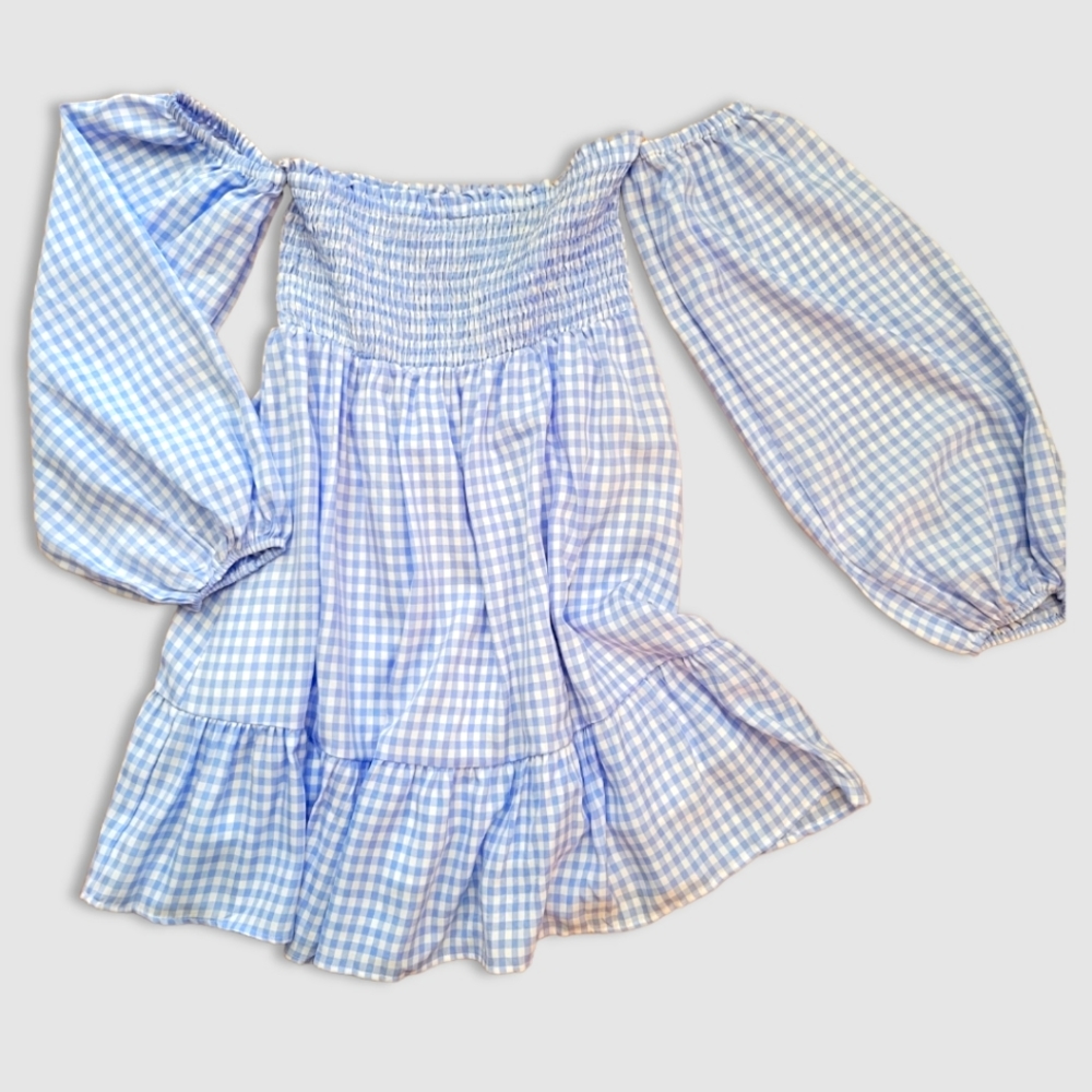 CRESCENT Leona Gingham Off The Shoulder Babydoll Mini Dress - Blue